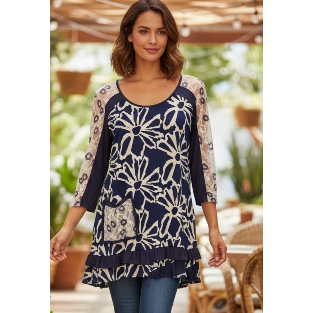 Aster By Firmiana Floral Lace Sleeve Tunic Navy & White Size L